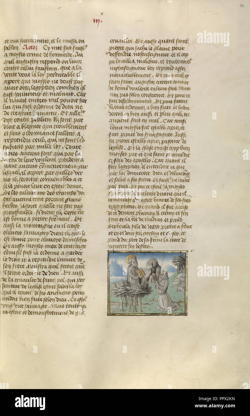 Mose empfängt die Tafeln des Gesetzes; Gent, Belgien; über 1475; Tempera Farben, Blattgold und Gold Farbe auf Pergament; Blatt Stockfoto