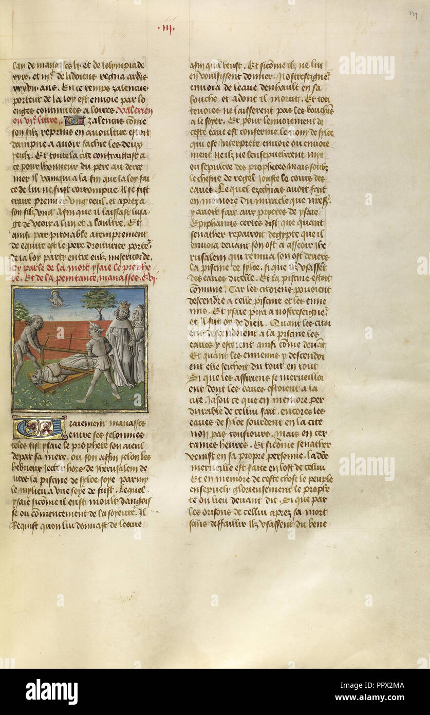 Jesaja wird Gesägt in Zwei; Gent, Belgien; über 1475; Tempera Farben, Blattgold und Gold Farbe auf Pergament; Blatt Stockfoto
