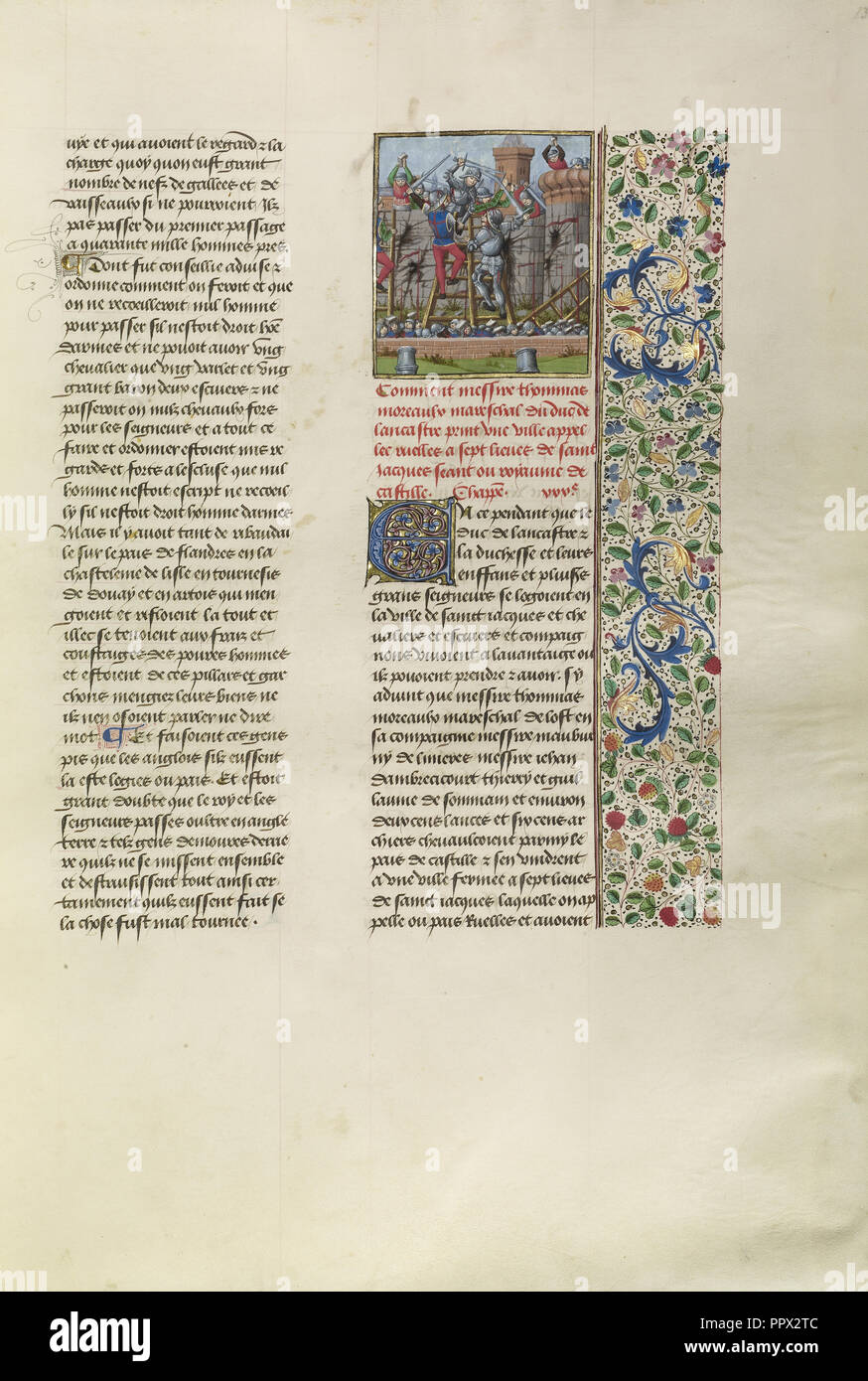 Thomas Moreaux, Marschall von Johannes von Gaunt, Kämpfe an Ruelles; Brügge, Belgien; ca. 1480 - 1483; Tempera Farben, Gold Leaf Stockfoto