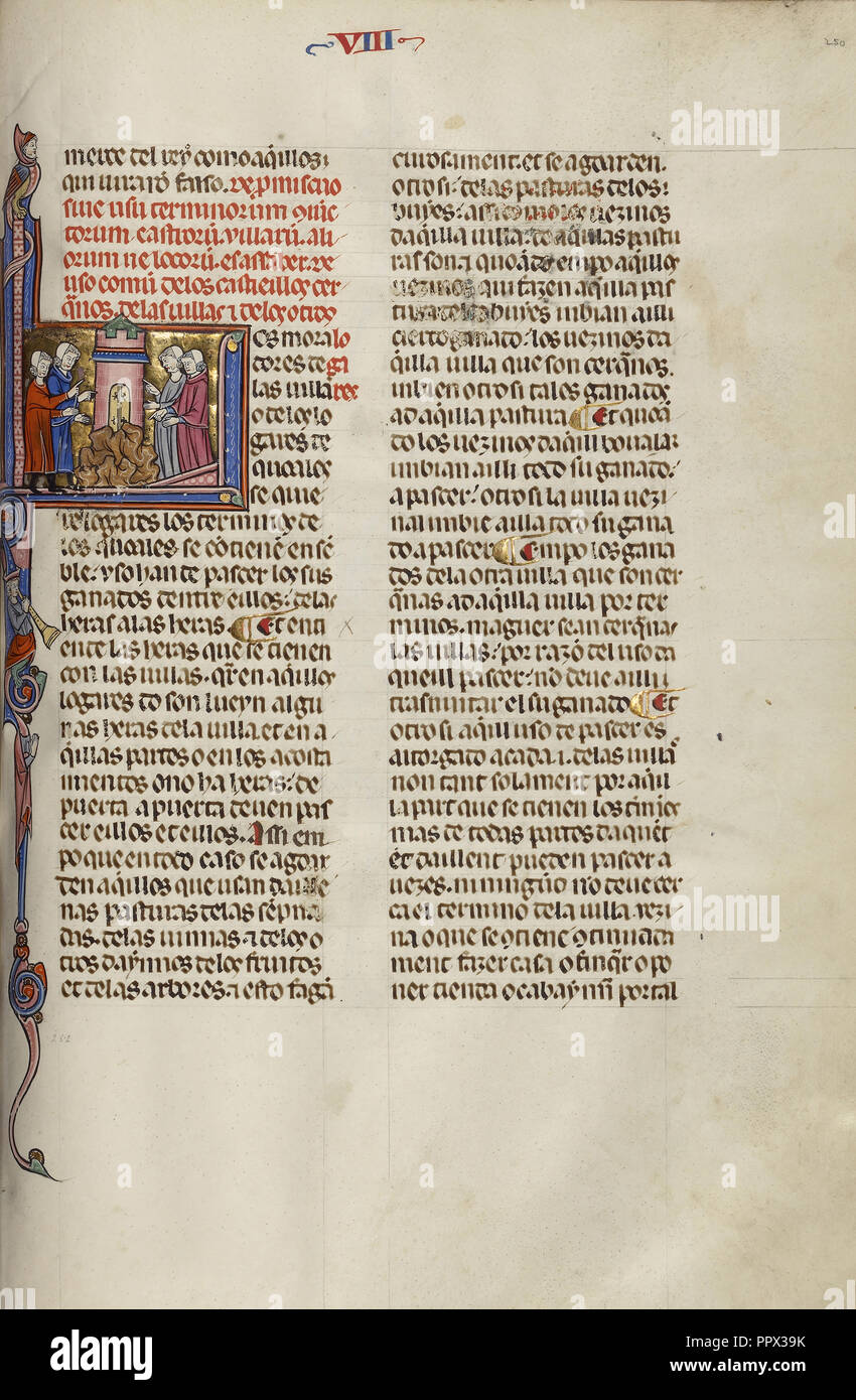 Erste L: Vier Männer versammelt um einen Turm; Unbekannt, Michael Lupi de Çandiu, Spanisch, aktive Pamplona, Spanien 1297-1305 Stockfoto