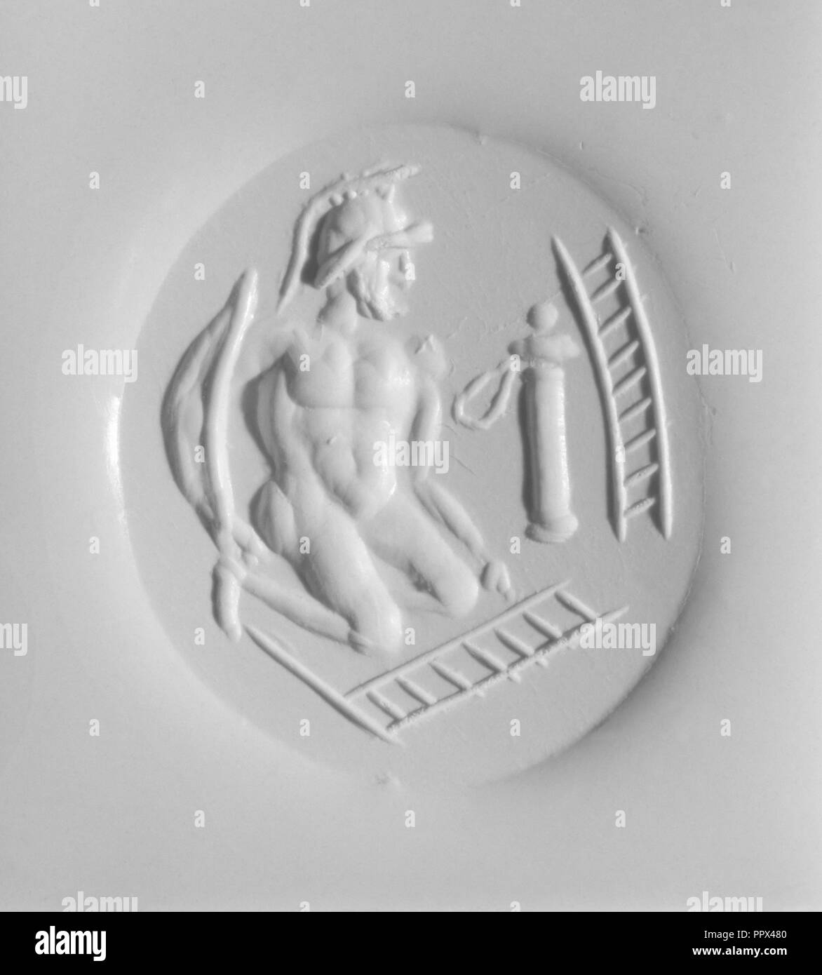 Gravierte Schmuckstück mit Capaneus; Italien; 200 - 1B C; Blass Amethyst; 1,6 × 1,4 × 0,4 cm, 5,8 × 9,16 × 1,8 in Stockfoto