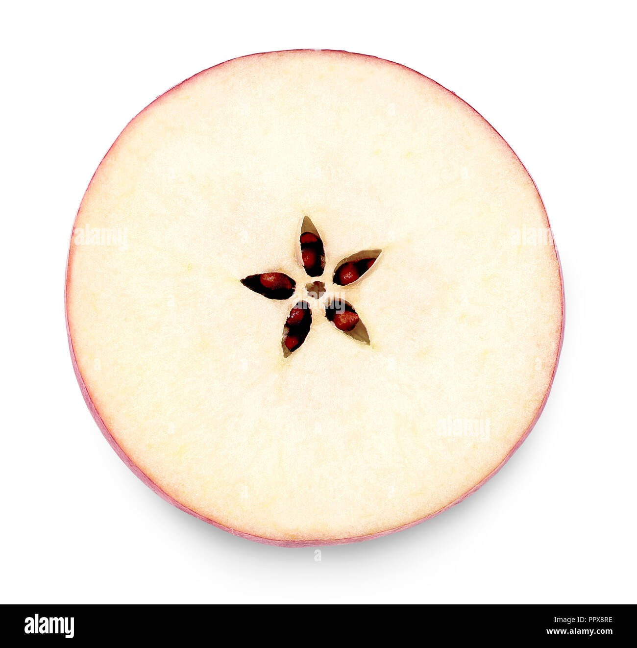 Apple Element oder Teil eines cut Apple. Ansicht von oben, Querschnitt durch einen roten Apfel, auf weißem Hintergrund. Stockfoto