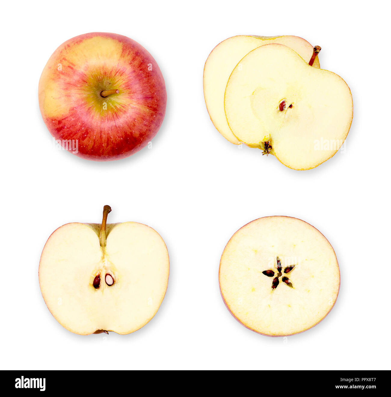 Apple Zusammensetzung oder Anordnung der ganzen und geschnittenen Äpfeln. Ansicht von oben, Querschnitt der rote Äpfel. Satz von frisch geschnittenen Äpfeln auf Weiß. Stockfoto