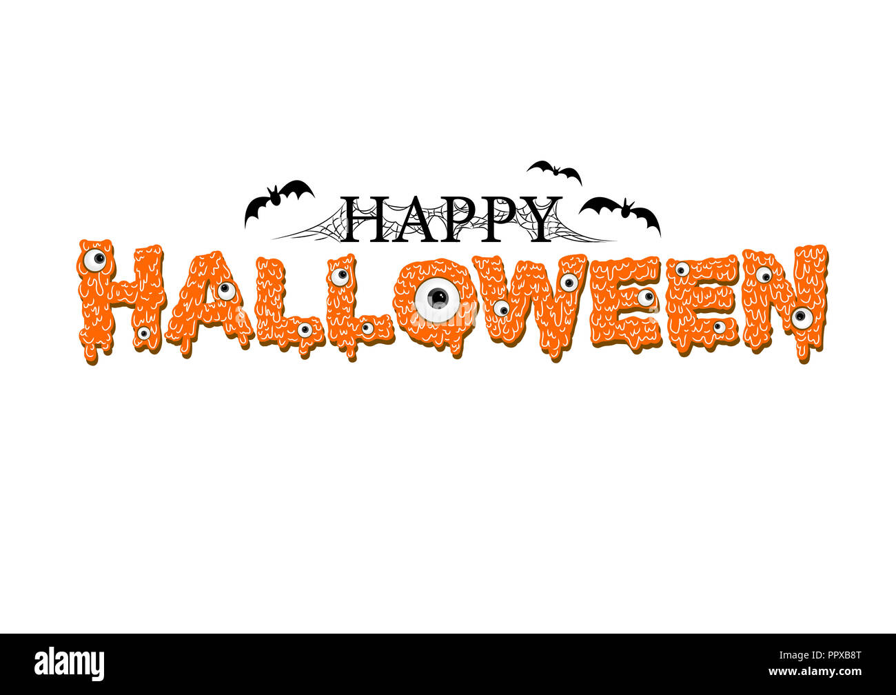 Happy Halloween Vektor. Geheimnis Augen von niedlichen Liquid Monster, Fledermaus fliegen und Cobweb auf Happy Halloween text Banner. Stockfoto