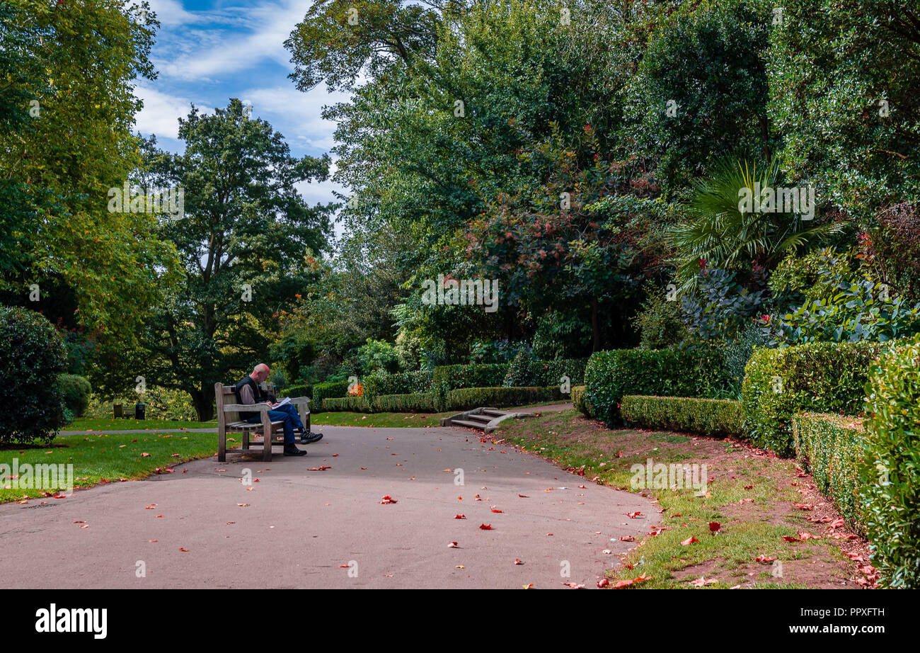 London, Großbritannien - 16 September 2018: Ein unbekannter Mann liest seine Zeitung in der waterlow Park, in Highgate Dorf, nördlich von London, an einem Sonntag Morgen. Stockfoto London, Großbritannien - 16 September 2018: Ein unbekannter Mann liest seine Zeitung in der waterlow Park, in Highgate Dorf, nördlich von London, an einem Sonntag Morgen. Stockfoto