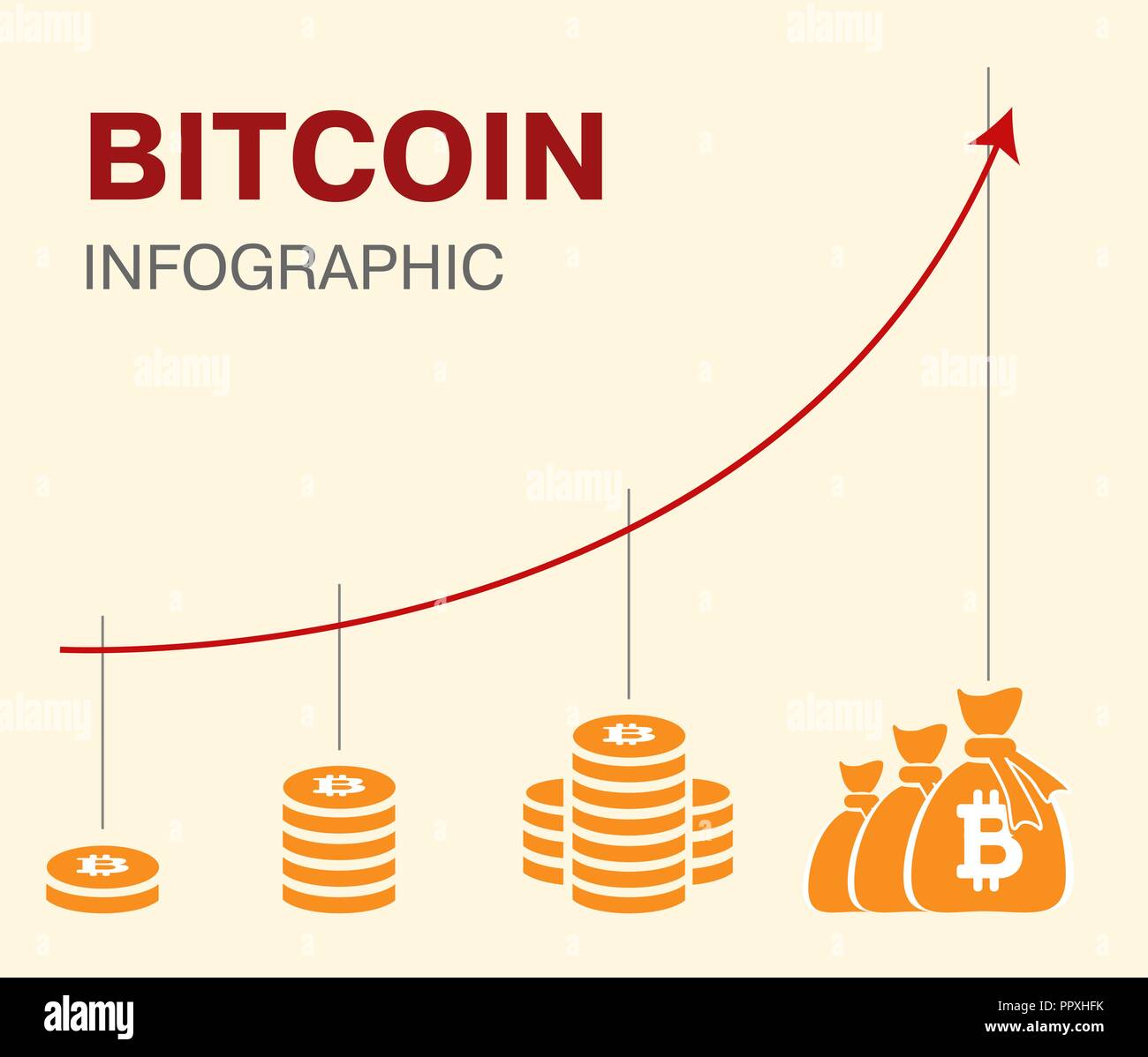 Bitcoin Symbol in flacher Ausführung für Internet Geld. Infografiken mit Münzen zeigt das Wachstum der Währung. Vector Illustration auf weißem Hintergrund. Stock Vektor