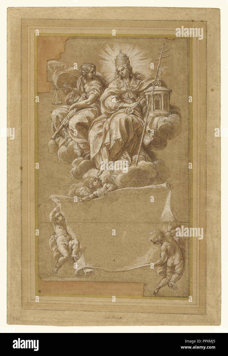 Glaube und Gerechtigkeit thront; Carlo Maratti, Italienisch, 1625-1713, Italien; über 1676; Stift und Tinte braun, braun Waschen, Rote Kreide Stockfoto