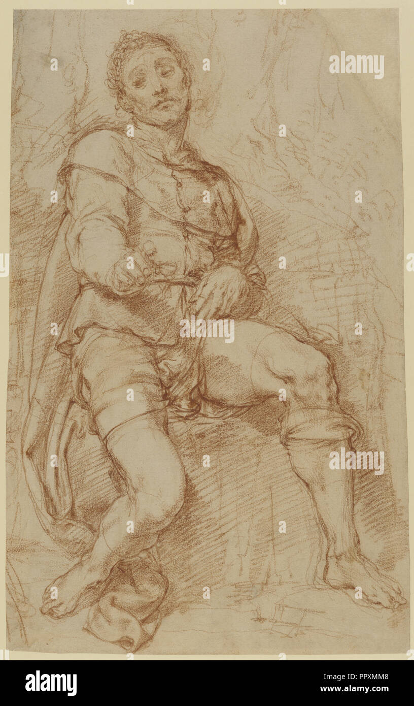 Sitzender Mann; Bernardino Poccetti, Barbatelli, Italienisch, 1548 - 1612, 1600 - 1610; Rote Kreide und Licht weiß gehöht Stockfoto