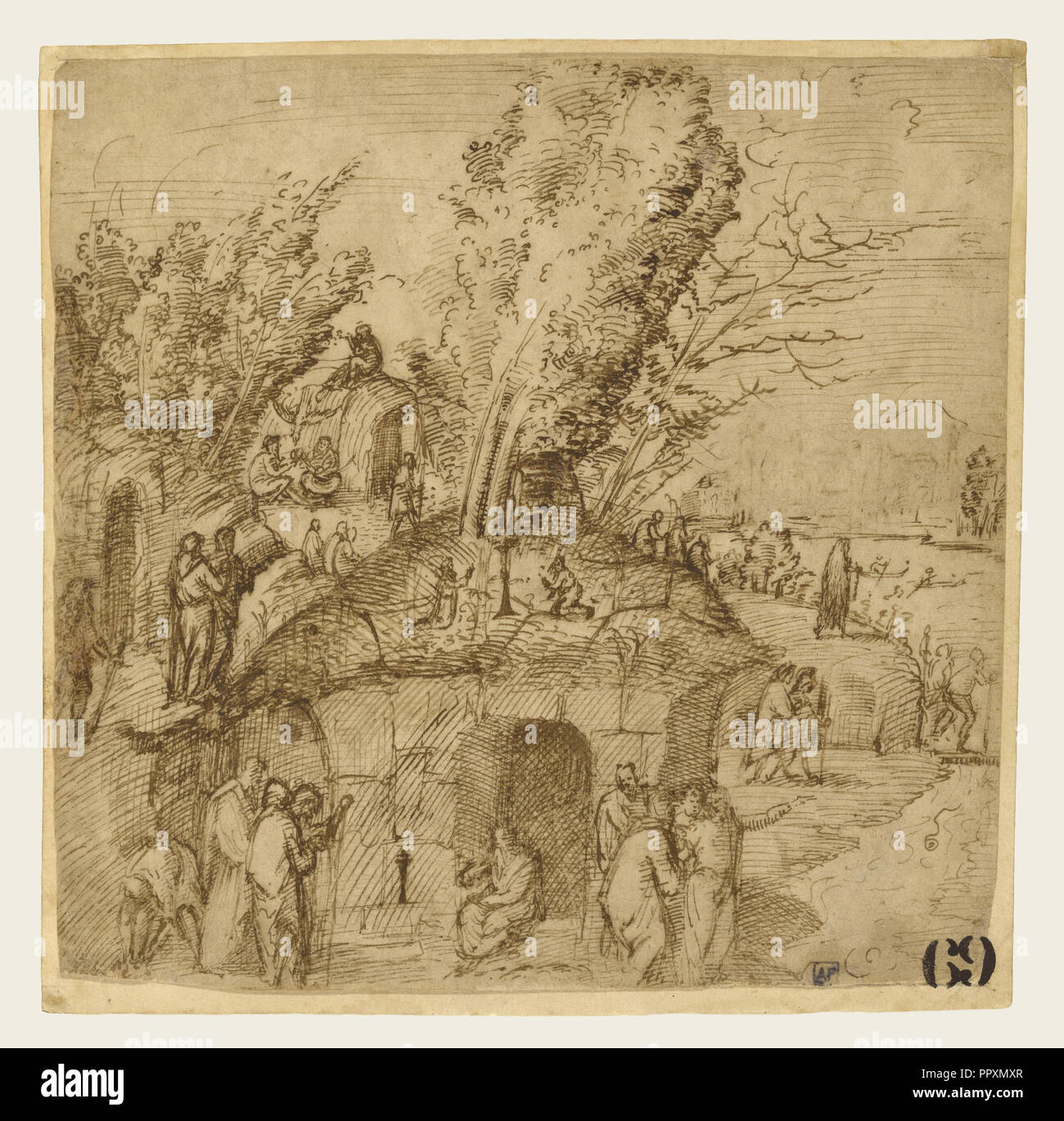 Ein thebais: Mönche und Einsiedler in einer Landschaft; Lorenzo Costa, Italienisch, über 1459,1460 - 1535, über 1505; Stift und Brown ink Stockfoto