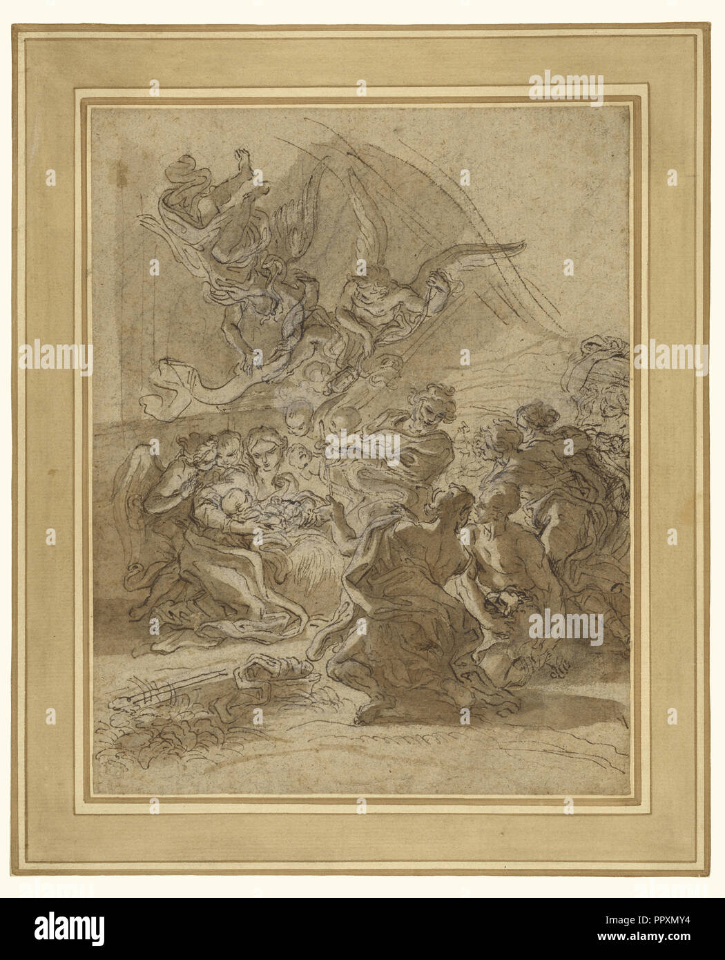Die Anbetung der Hirten; Baciccio, Giovanni Battista Gaulli, Italienisch, 1639 - 1709, ca. 1672; Stift und Tinte braun, braun Stockfoto
