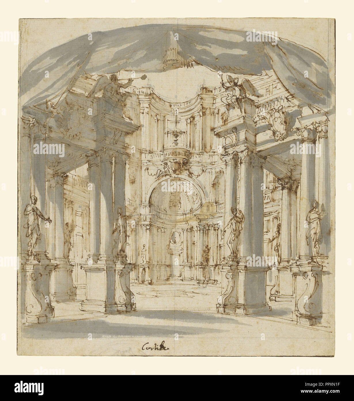 Der Innenhof eines Palastes: Projekt für eine Bühne; Filippo Juvarra, Italienisch, 1678-1736, 1713; Stift und Tinte braun, grau und braun Stockfoto