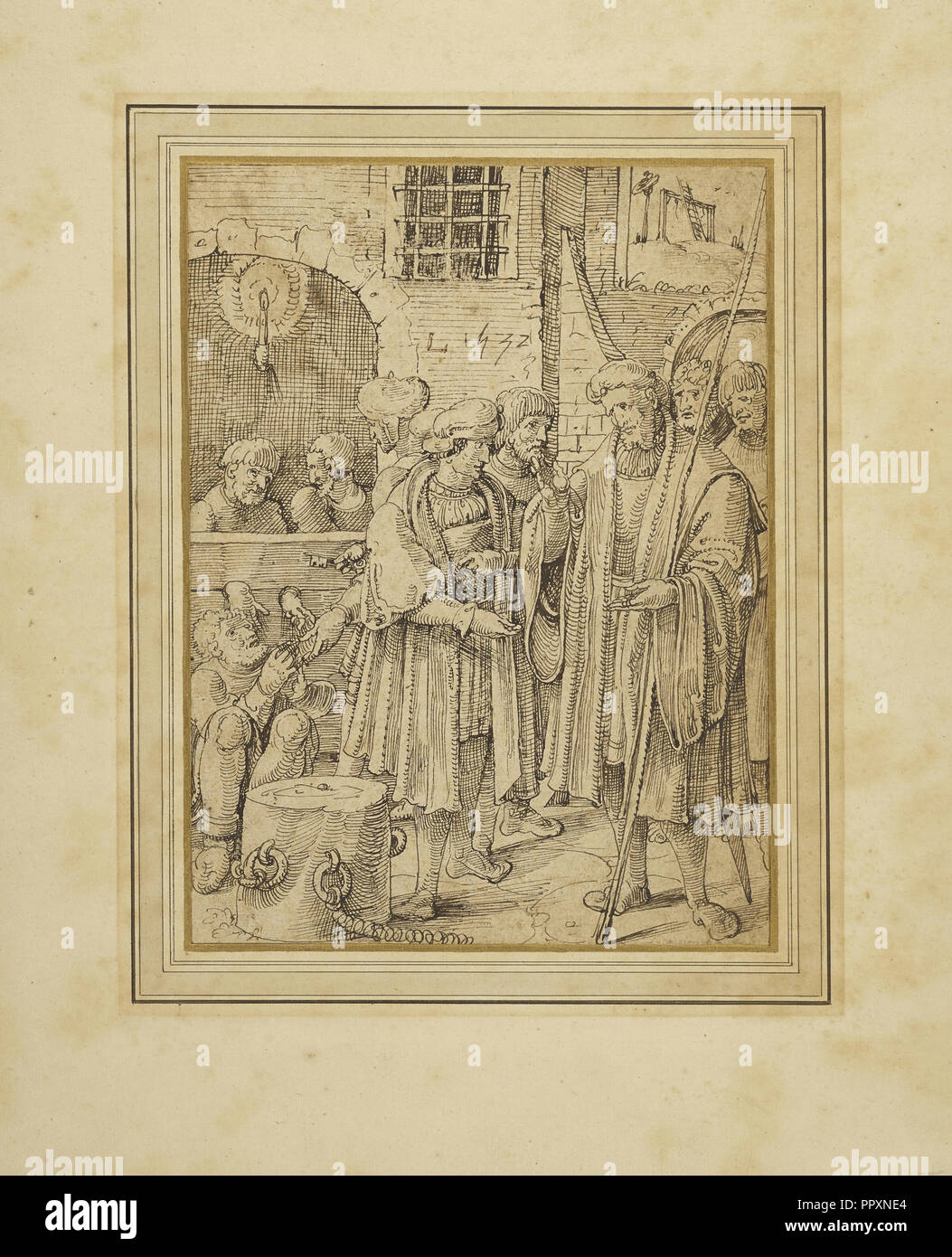 Die sieben Taten der Barmherzigkeit: Ransoming Gefangenen; Pieter Cornelisz., Illustr., Holländisch, über 1484-1560,1561, 1532; Feder und schwarzer Tinte Stockfoto