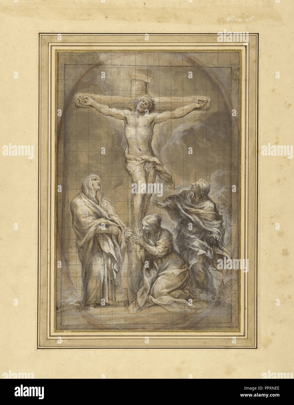 Christus am Kreuz mit der Jungfrau Maria, Maria Magdalena und der Heilige Johannes; Pietro da Cortona, Italienisch, 1596 - 1669, Italien Stockfoto