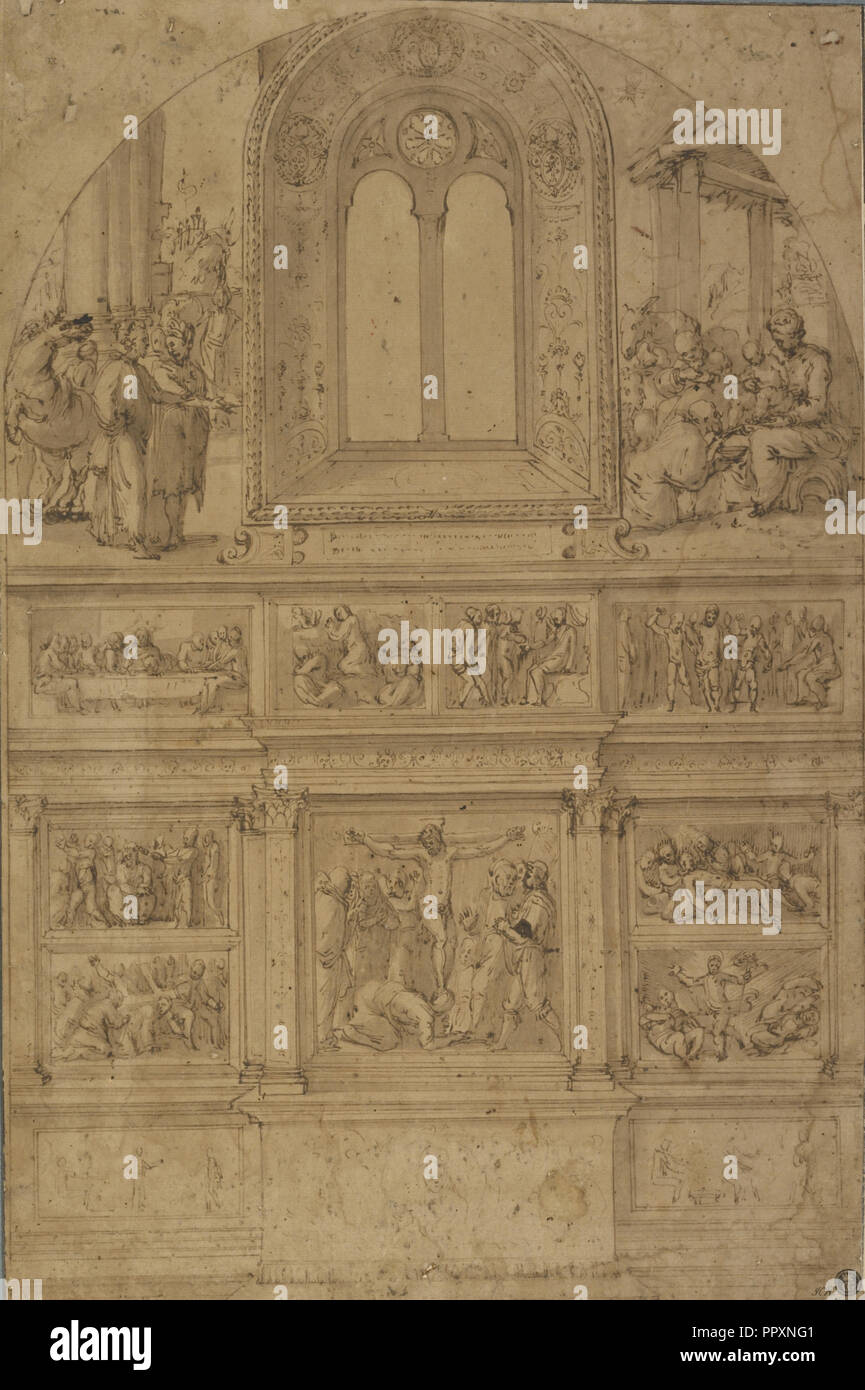 Projekt für eine Wanddekoration, Perino Del Vaga, Piero Buonaccorsi, Italienisch, 1501-1547, 1522; Stift und Braun, Pinsel Stockfoto