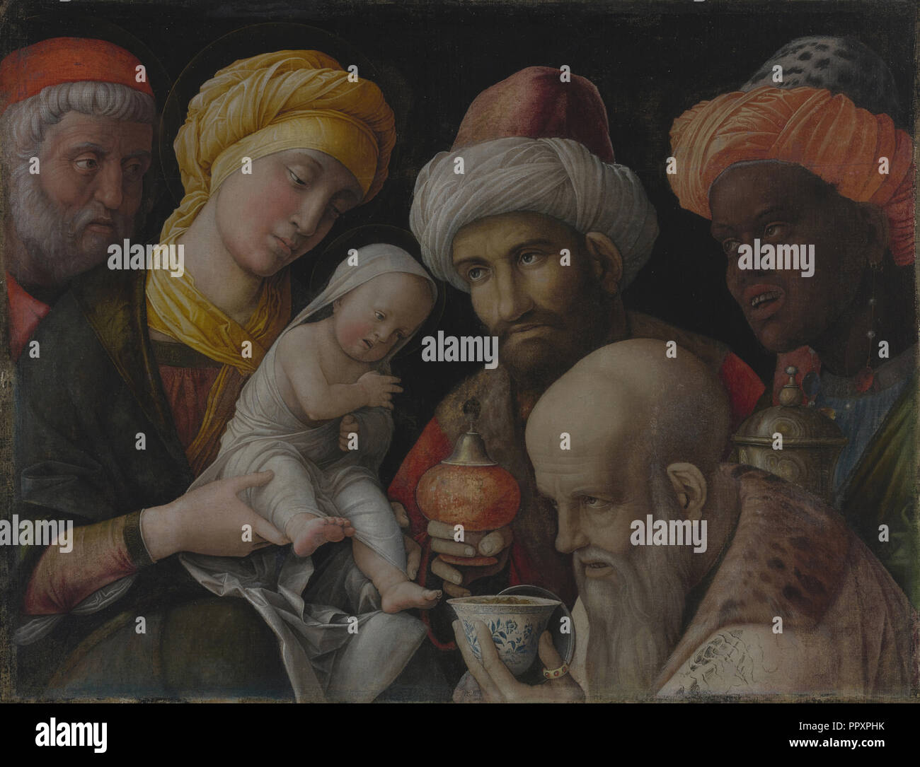 Die Anbetung der Magier; Andrea Mantegna, Italienisch, Padua, ca. 1431 - 1506, Italien; ca. 1495 - 1505; Leimfarbe auf Leinen Stockfoto