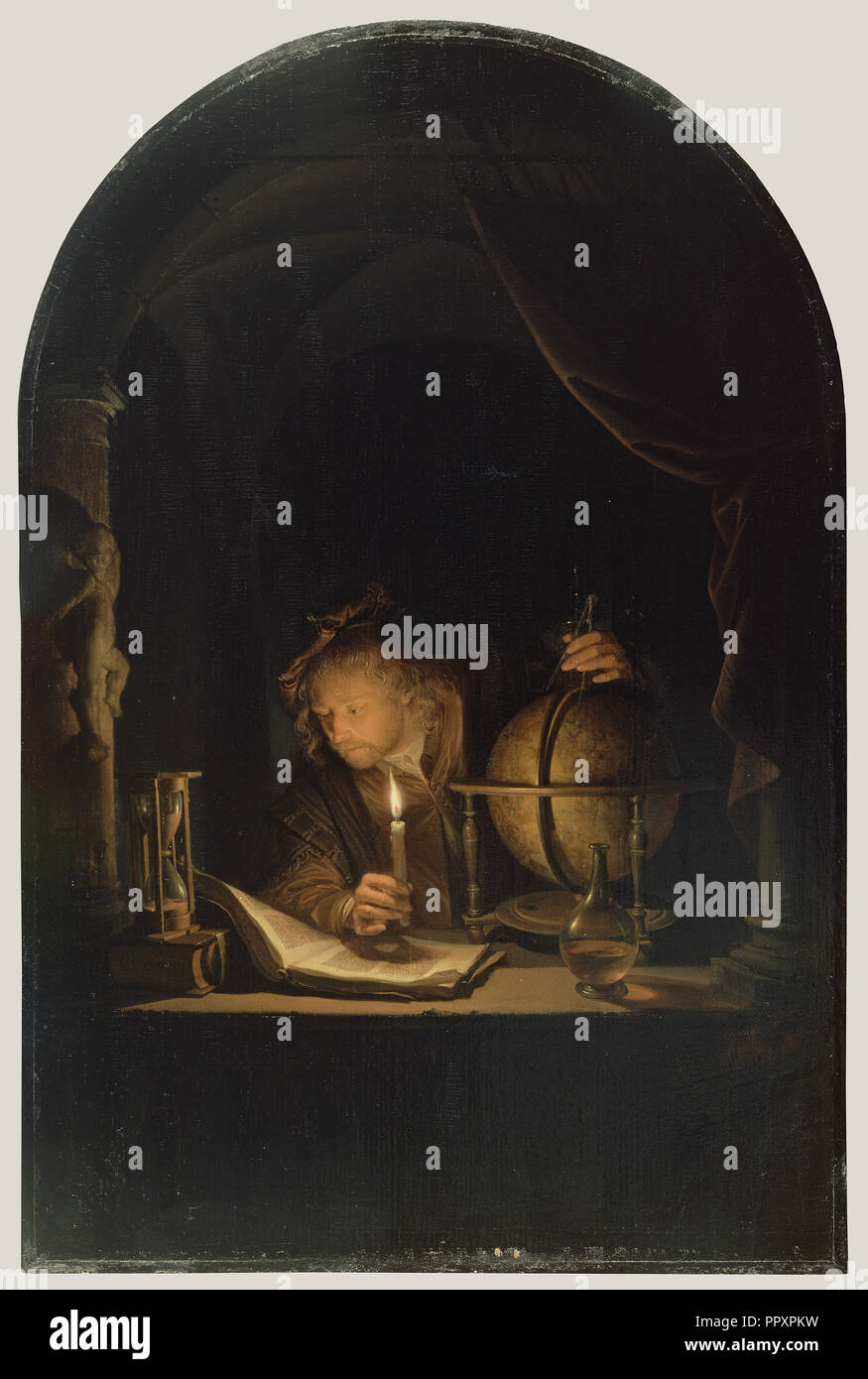 Astronom bei Kerzenschein; Gerrit Dou, Niederländisch, 1613-1675, Niederlande; Ende 1650; Öl auf Leinwand, 32 × 21,2 cm Stockfoto