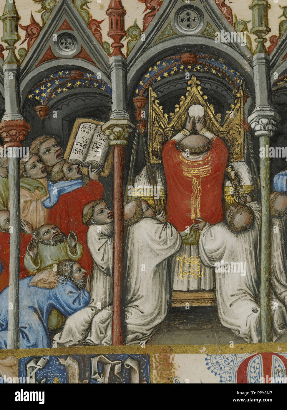 Die Höhe des Host; Erste T: ein Putto zwischen Sonne und Mond; Meister des Brüsseler Initialen, Italienisch Stockfoto