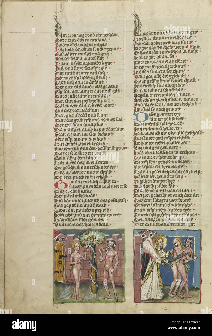 Adam und Eva Essen der verbotenen Frucht; die Vertreibung aus dem Paradies; Regensburg, Bayern, Deutschland; ca. 1400 - 1410; Tempera Stockfoto