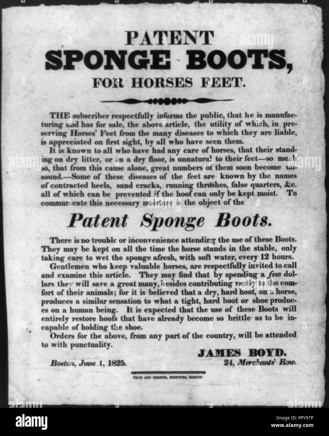 Breitseite) - Patent schwamm Stiefel, für Pferde Füße. ... James Boyd, 24 Kaufleute" Reihe, Boston, 1. Juni 1825 Stockfoto Breitseite) - Patent schwamm Stiefel, für Pferde Füße. ... James Boyd, 24 Kaufleute" Reihe, Boston, 1. Juni 1825 Stockfoto