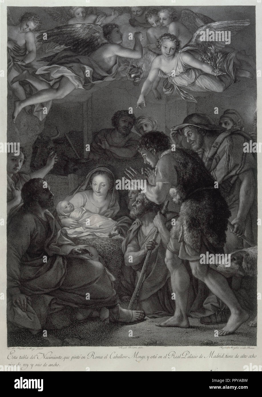 LA NATIVIDAD - GRABADO POR RAFAELLO MORGHEN EN EL Siglo XVIII. Autor: MENGS, Anton Raphael. Lage: Biblioteca Nacional - coleccion. MADRID. Spanien. Stockfoto