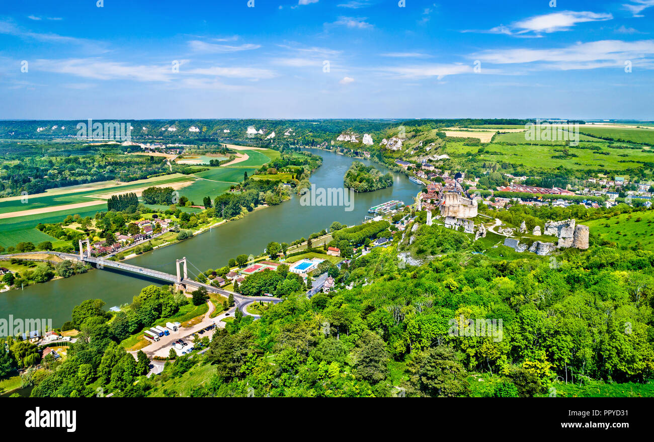 Chateau Gaillard mit dem Fluss Seine in Les Andelys Kommune - Normandie, Frankreich Stockfoto