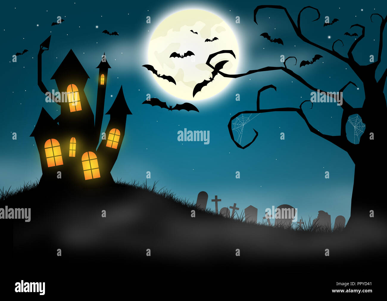 Halloween Hintergrund mit Haunted Castle und dem Friedhof Stockfoto