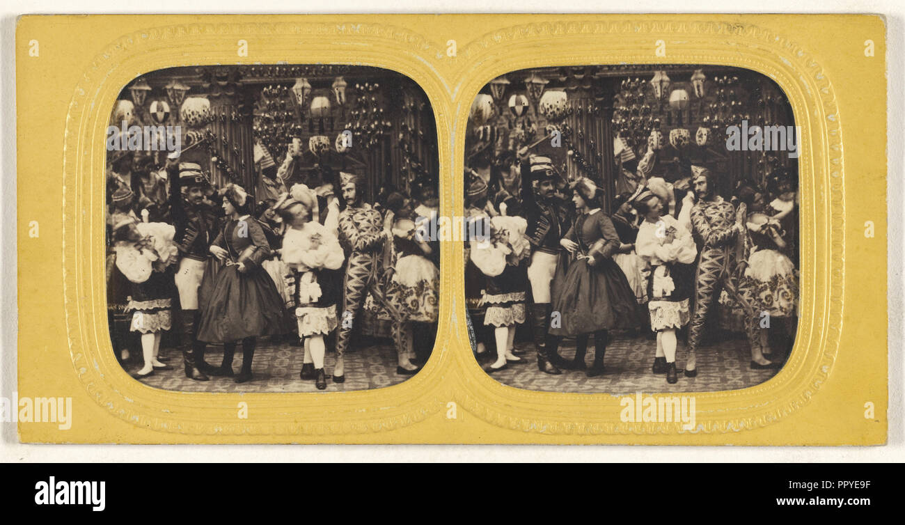 Party Szene mit Menschen in Kostümen; E. Lamy, Französisch, aktive 1860s - 1870s, 1860s; Hand - farbige Eiweiß silber Drucken Stockfoto