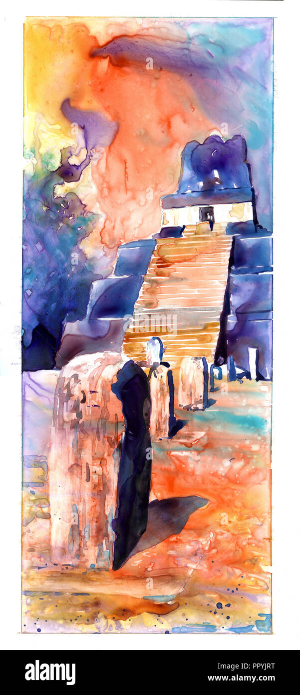 Aquarell von Maya Tempel und Stelen bei der UNESCO Welterbe Ruinen von Tikal - Guatemala. Stockfoto