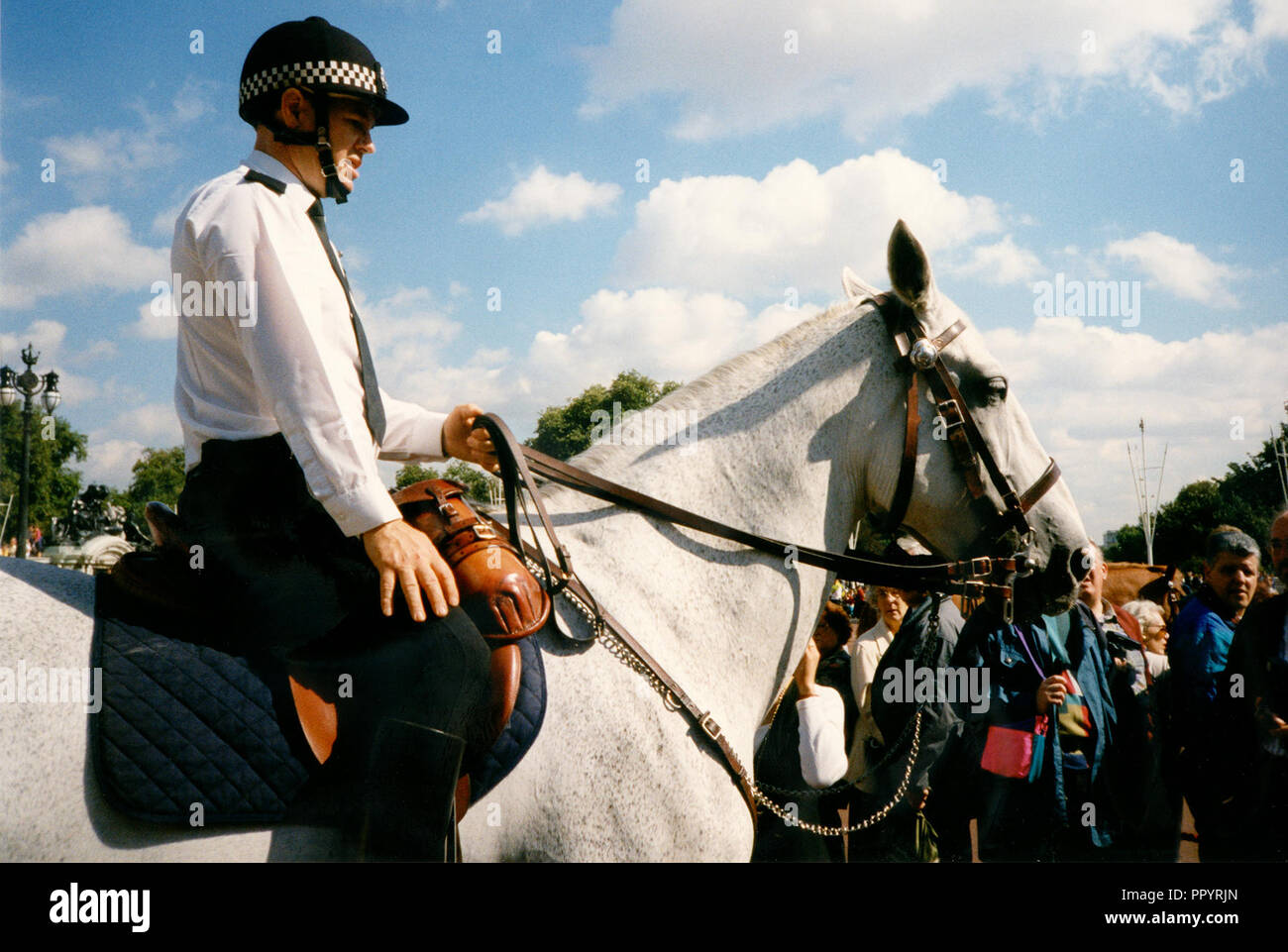 Mounted Police Officer zu Pferd außerhalb des Buckingham Palace London 1995 Stockfoto