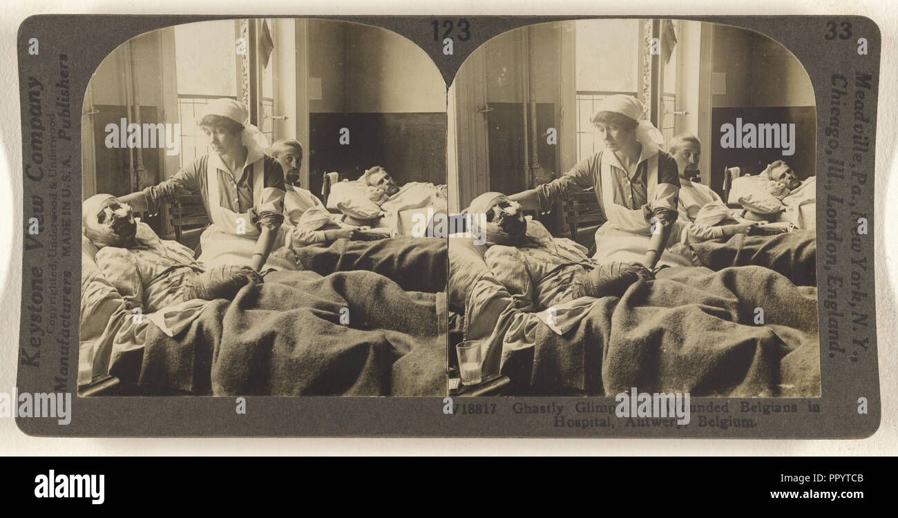 Grausige Blick von Verwundeten Belgier im Krankenhaus, Antwerpen, Belgien, 1881 - 1940, ca. 1914 Stockfoto