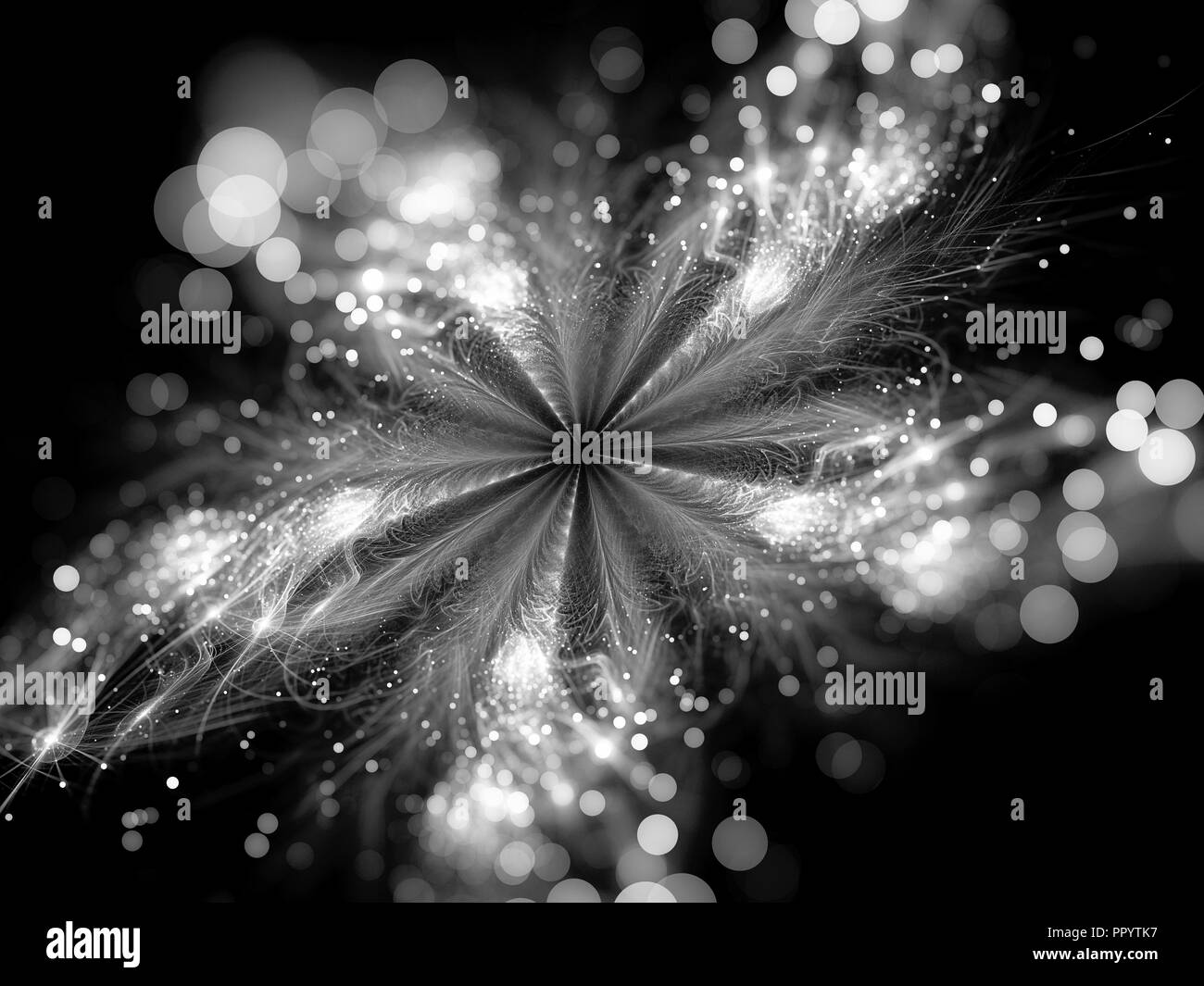 Magisch leuchtenden Mandala Sterne im Weltraum Schwarz und Weiß, computer-generierte Zusammenfassung Hintergrund, 3D-Rendering Stockfoto