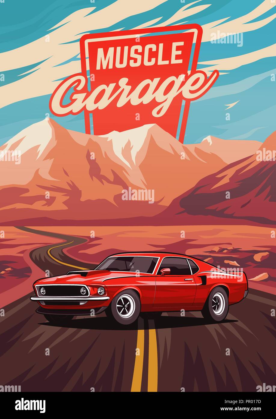 Retro American Muscle Car Poster. Abbildung: mit dem Auto auf der Straße in der Nähe von Bergen. Stock Vektor