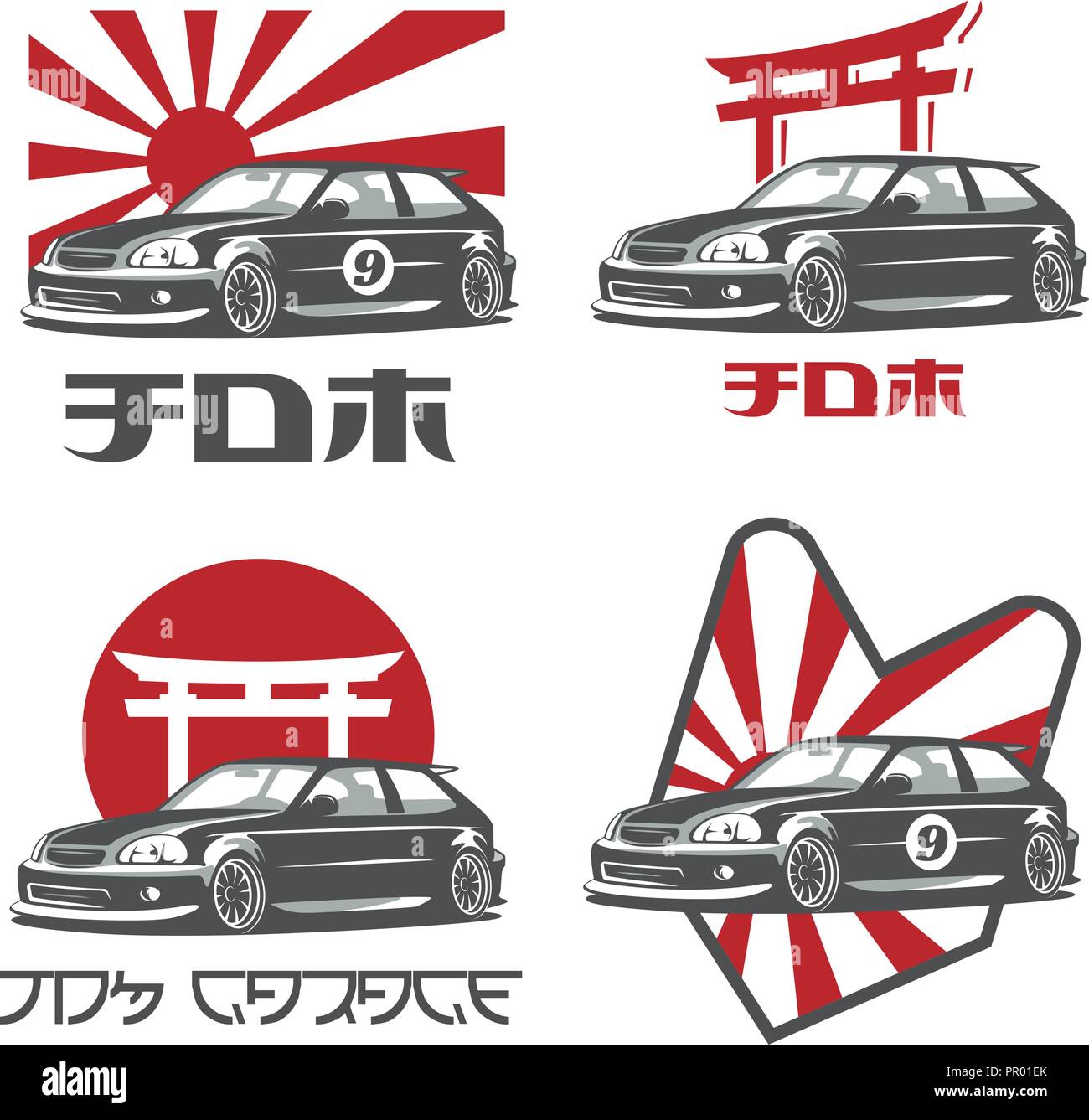 Classic 90 s japanisches Auto Logos, Embleme und Schriftzüge auf weißem Hintergrund. "JDM" und "JDM Garage" Text auf dem Bild. Stock Vektor