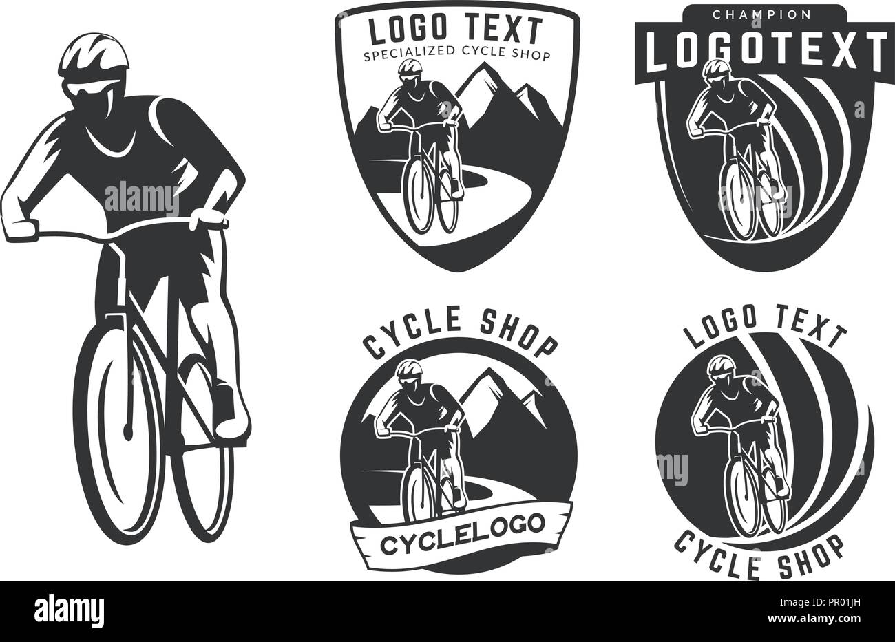 Satz von Fahrrad Logos, Embleme und Schriftzüge auf weißem Hintergrund. Radwege abseits der Straßen. Radfahrer mit Helm auf mountan Straße. Stock Vektor