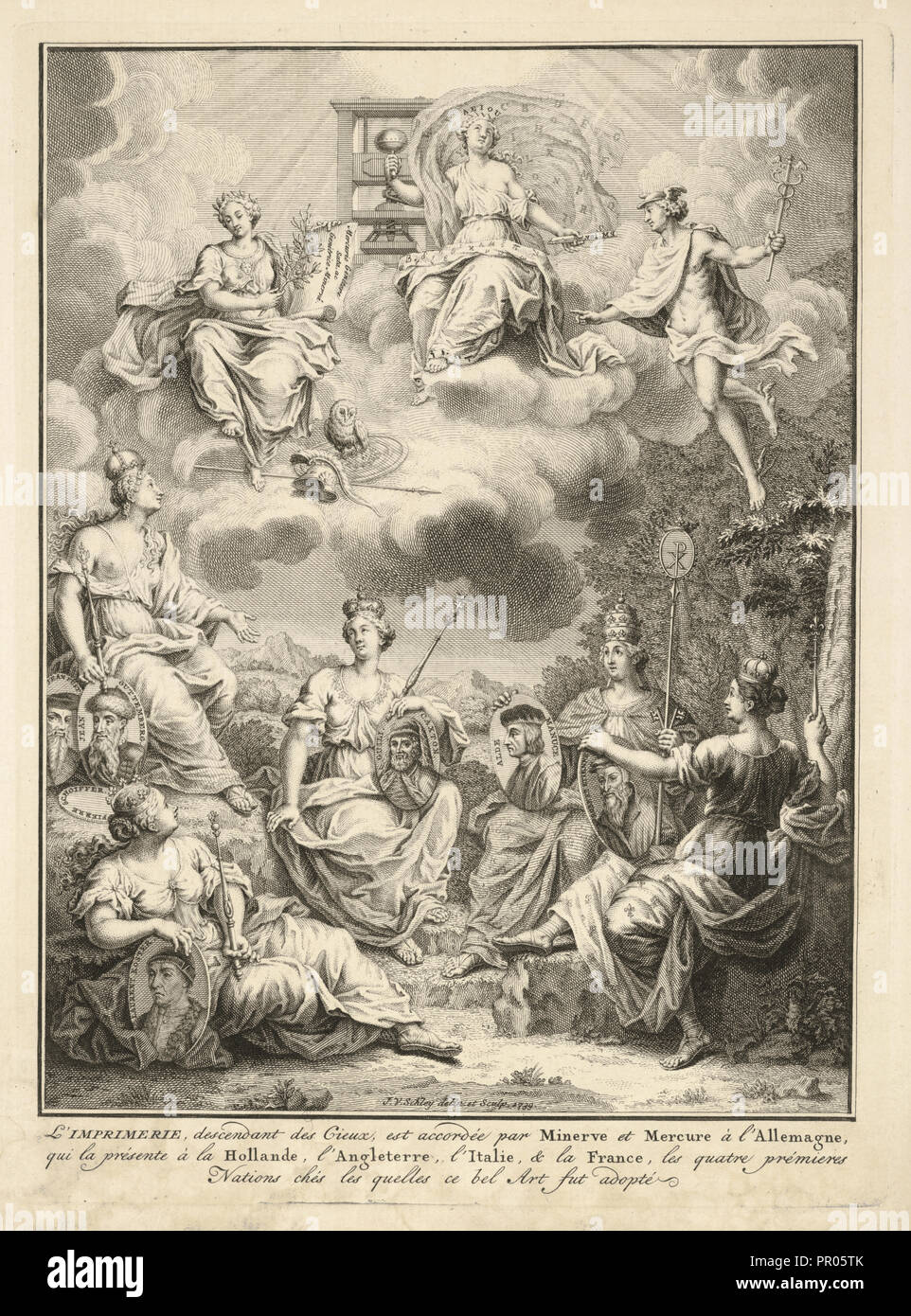 L'Imprimerie Nachkomme des Cieux, Histoire de l'origine et des prémiers Progrès de l'Imprimerie, Marchand, Prosper, d. 1756 Stockfoto