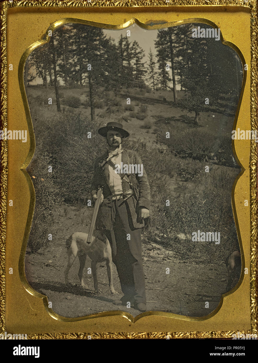 Outdoor Szene mit Jäger und Hund; Amerikanische; ca. 1850; Daguerreotypie Stockfoto