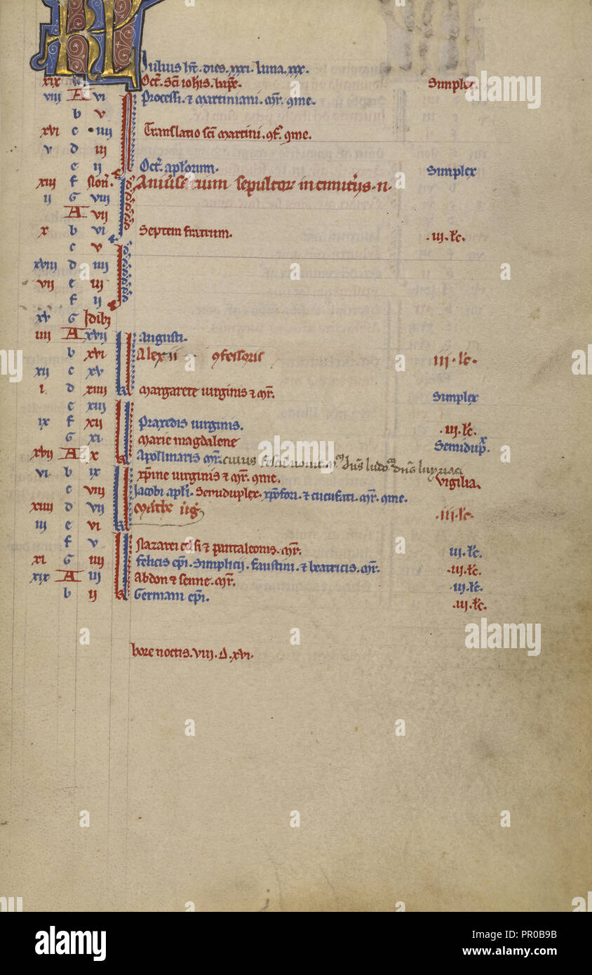 Kalender Seite; Lyon, Frankreich; nach 1234 - vor 1262; Tempera Farben und Blattgold auf Pergament abgeschlossen begonnen. Stockfoto