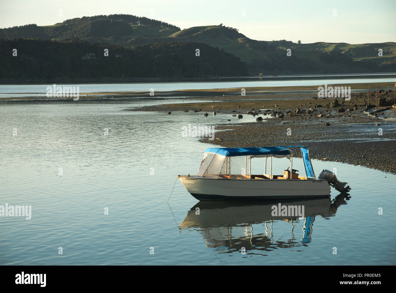 Das Boot ankerte in der Nähe von Raglan in Waikato, Nordinsel, Neuseeland Stockfoto