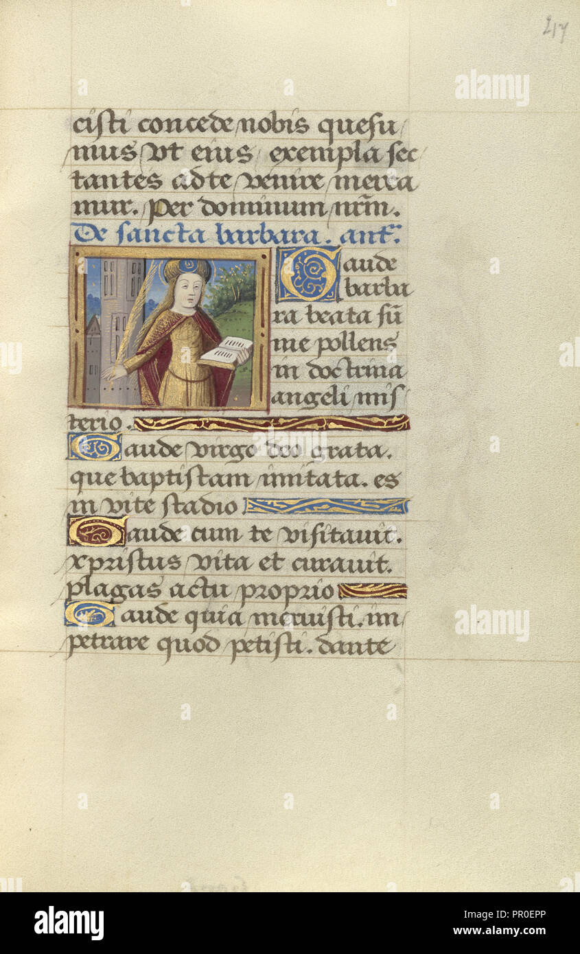 St. Barbara; Master von Jacques de Besançon, Französisch, aktiv um 1480 - 1500, Paris, Frankreich; über 1500; Tempera Farben, Tinte Stockfoto