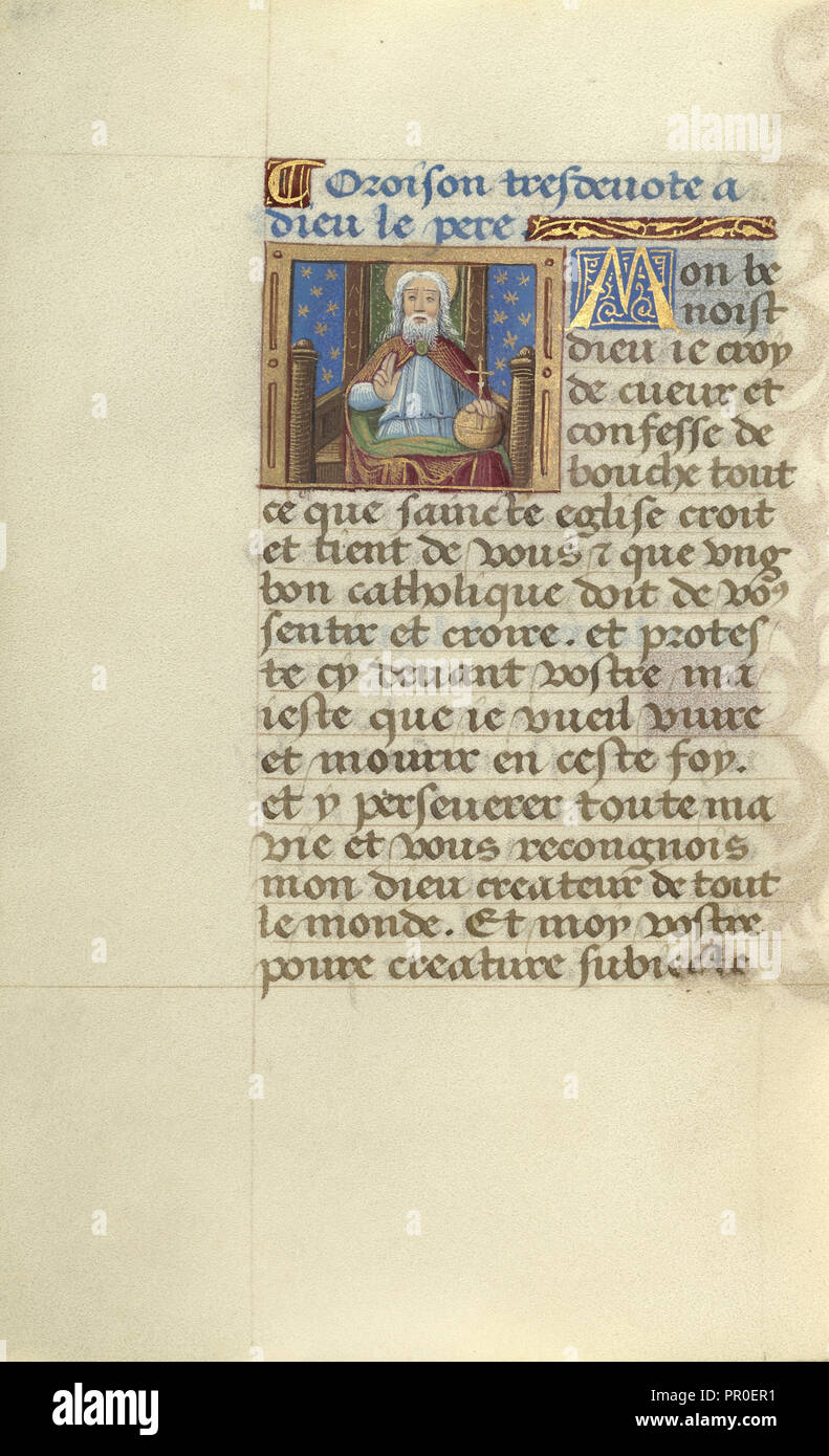 Gott, der Vater; Master von Jacques de Besançon, Französisch, aktiv um 1480 - 1500, Paris, Frankreich; über 1500; Tempera Farben, Tinte Stockfoto