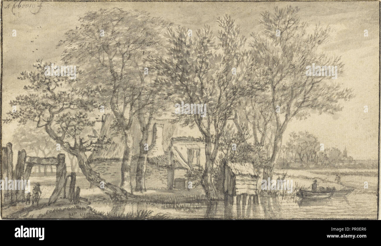 Ein Häuschen versteckt unter Bäumen am Flussufer; Adriaen Hendriksz. Verboom, Niederländisch, ca. 1628 - ca. 1670, Die Niederlande Stockfoto
