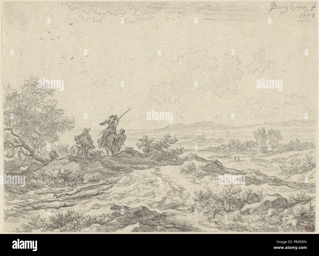 Dünenlandschaft mit Hirten; Nicolaes Berchem, Niederländisch, 1620-1683, die Niederlande; 1652; Schwarze Kreide und Grau waschen; 14.1 Stockfoto