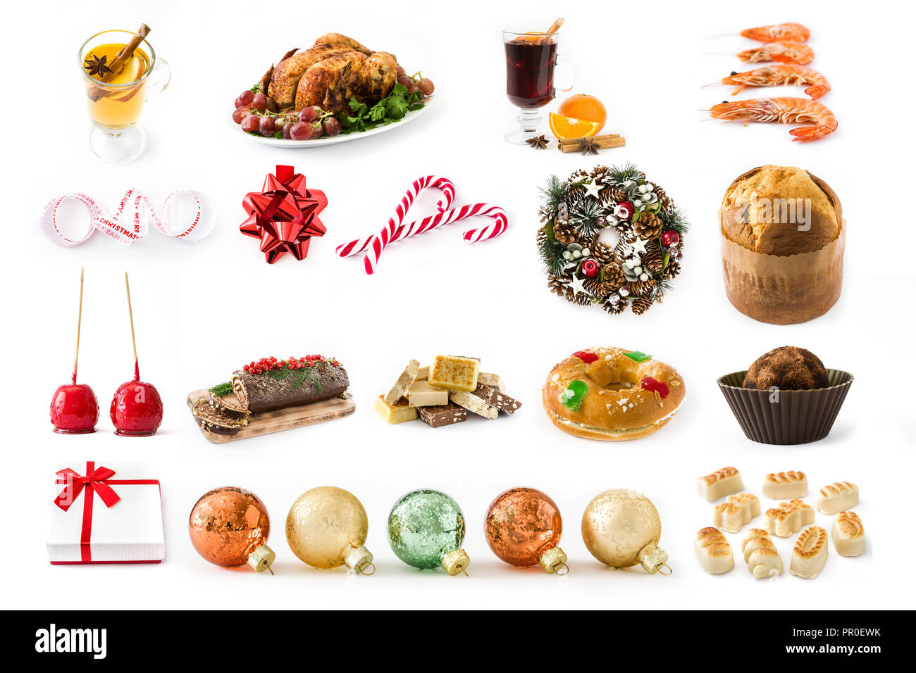 Weihnachten Collage: Weihnachten essen und Weihnachtsschmuck. Stockfoto