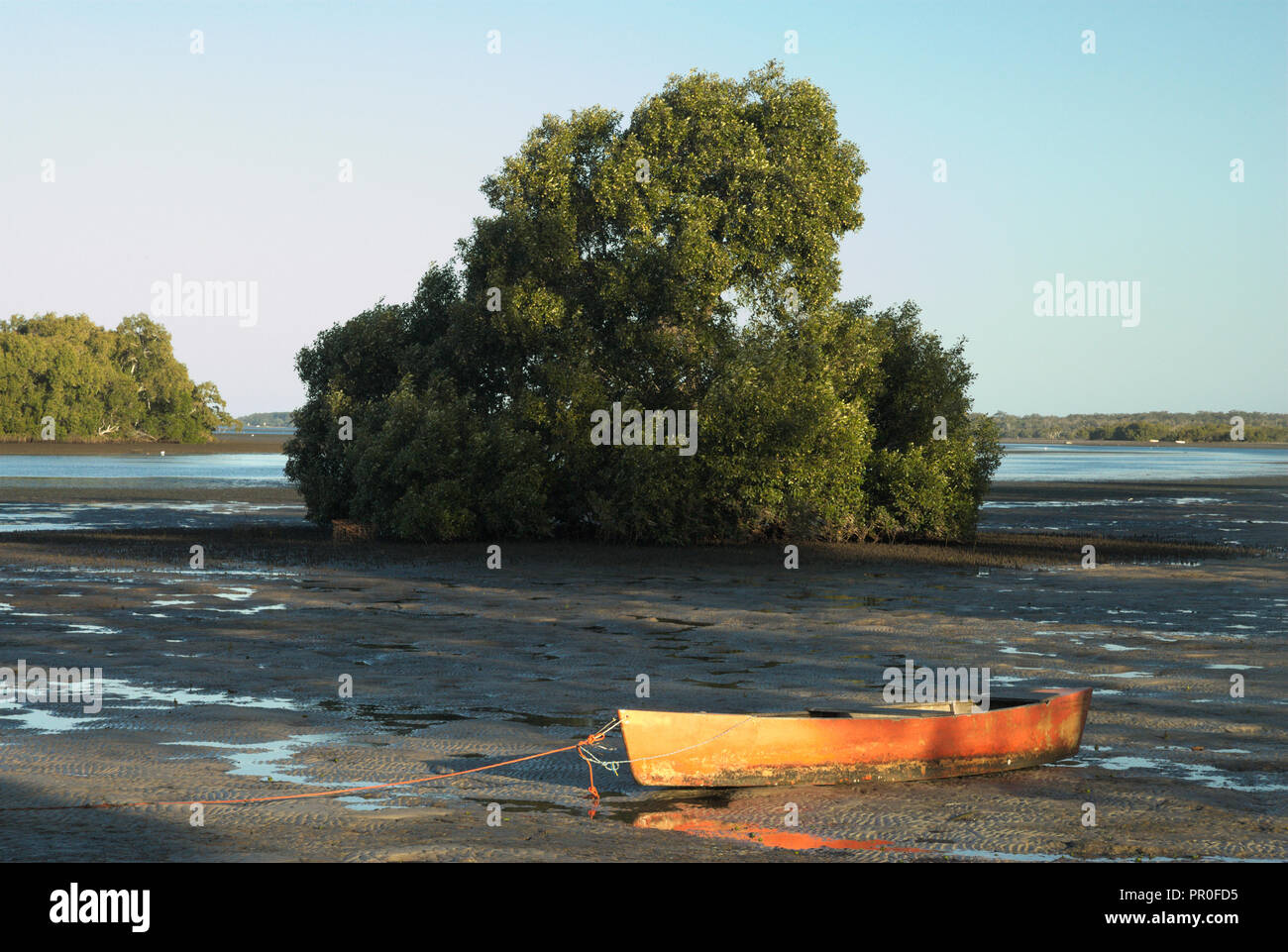 Boote auf den Schlammebenen bei Ebbe auf Bribie Island, Queensland, Australien Stockfoto