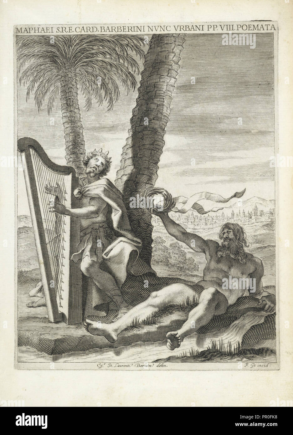 König David mit seiner Harfe, zusammen mit einem Fluss Gott, Maphaei s.r.e. Karte. Barberini nvnc Vrbani S. VIII. Poemata, Bernini, Gian Stockfoto