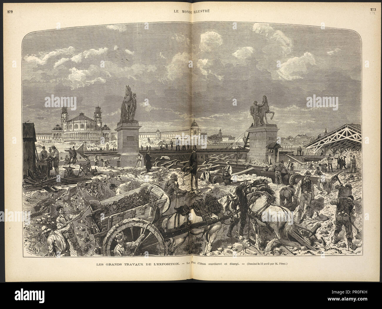 Les Grands Travaux de l'Exposition: le Pont d'Iéna surélevé et élargi, Férat, Holzstich, 1878, le 12 avril Dessiné par M Stockfoto