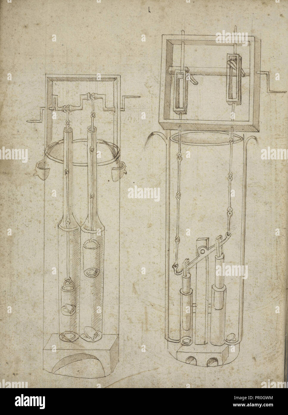 Folio 5 zwei Kolbenpumpen, Edificij et Maschine MS, Martini, Francesco di Giorgio, 1439-1502, Braun, und waschen Sie die Tinte auf dem Papier Stockfoto