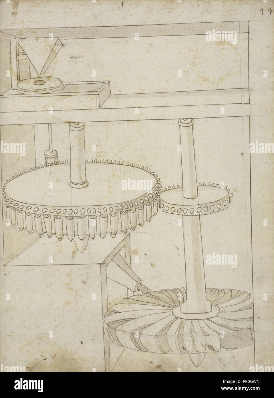 Folio 44 Mühle durch horizontale Rad angetrieben, Edificij et Maschine MS, Martini, Francesco di Giorgio, 1439-1502, Braun Tinte und Waschen Stockfoto