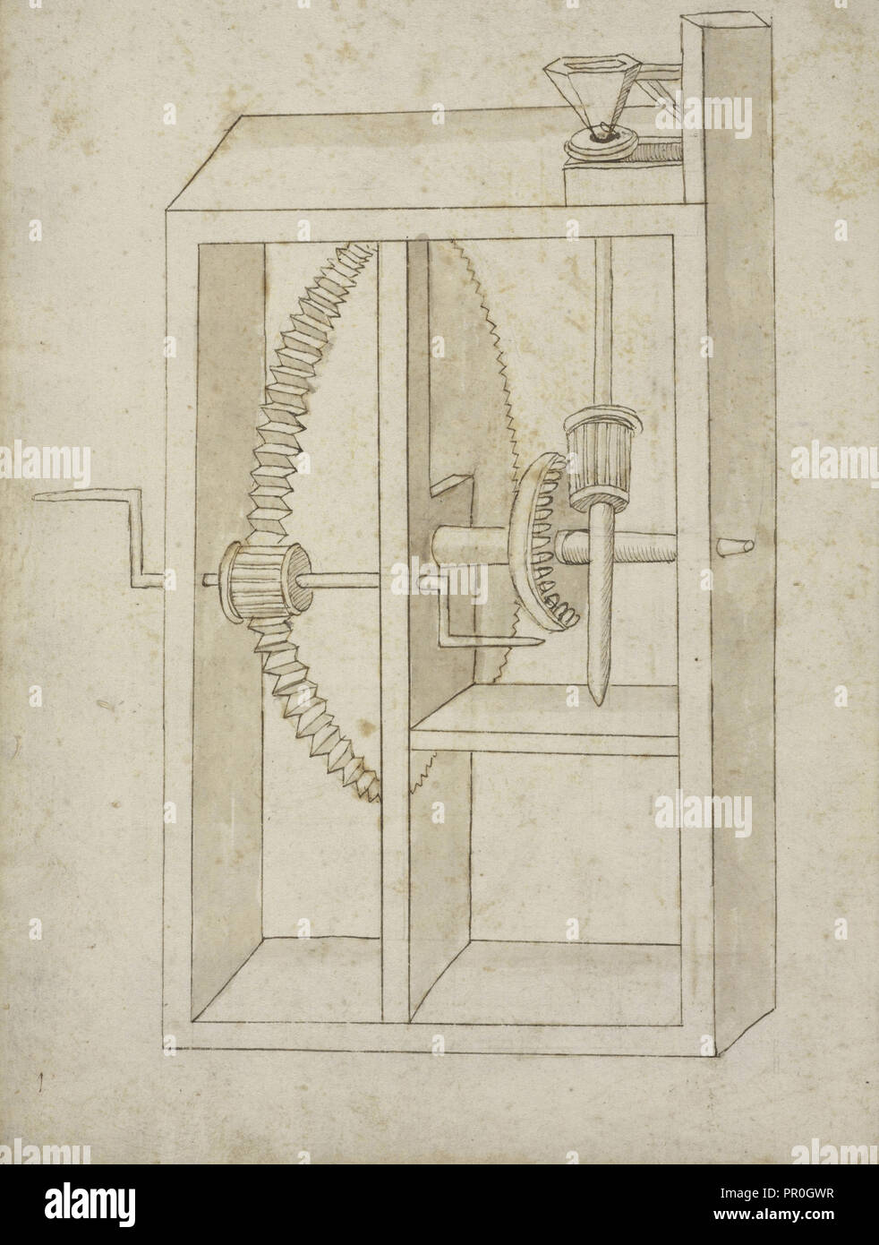 Mühle mit Kurbel angetrieben, Edificij et Maschine MS, Martini, Francesco di Giorgio, 1439-1502, Braun, und waschen Sie die Tinte auf dem Papier Stockfoto