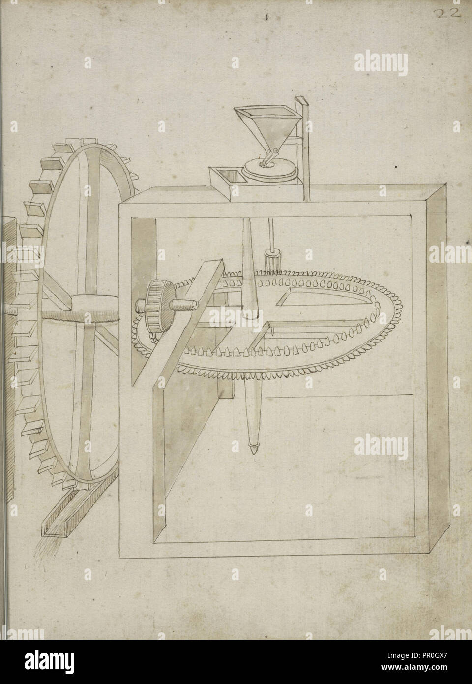 Folio 22 Mill von unterschlächtiges Wasserrad angetrieben, Edificij et Maschine MS, Martini, Francesco di Giorgio, 1439-1502, Braun Tinte Stockfoto